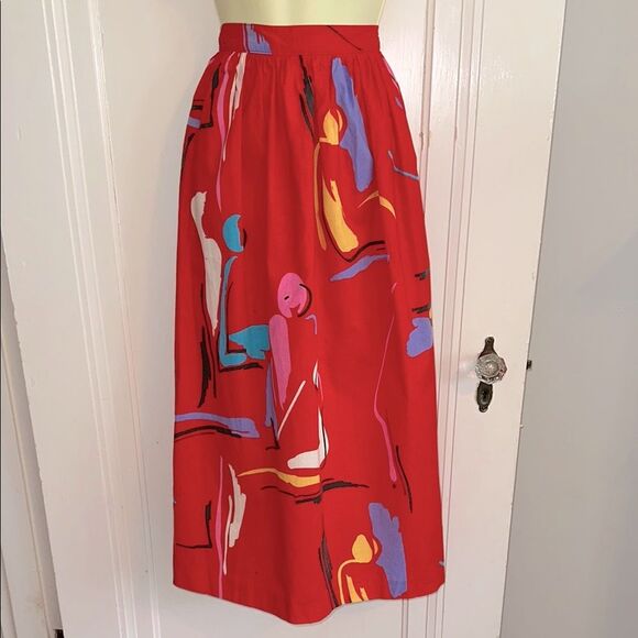 Vintage 80s Pliers Brand Abstract Pattern Red Cotton/Polyester Midi Skirt - Picture 1 of 10